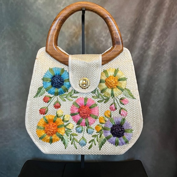 Bags by Whidby Handbags - Unique Vintage Woven Straw Tote Bag Wooden Handles Embroidered Floral‎ Design